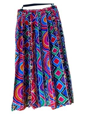 Vintage 90s Abstract Geometric Rayon Midi Skirt Colorful Art Print Pockets M